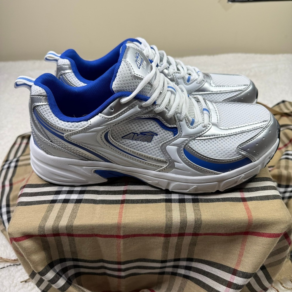 "NEW" AVIA womans White Silver Blue Athletic Running Shoes Lace Up Size 12